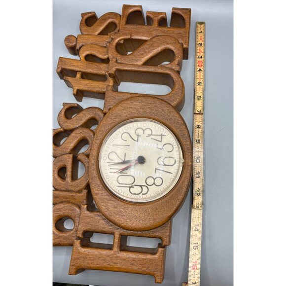 Vtg Burwood 80s Wall Clock Faux Wood "Bless This House" Quartz Movement - Picture 9 of 10